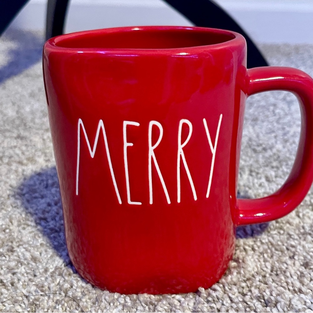 Rae Dunn Coffee Mug SET MERRY & BRIGHT Red w/RED inside & WHITE Script